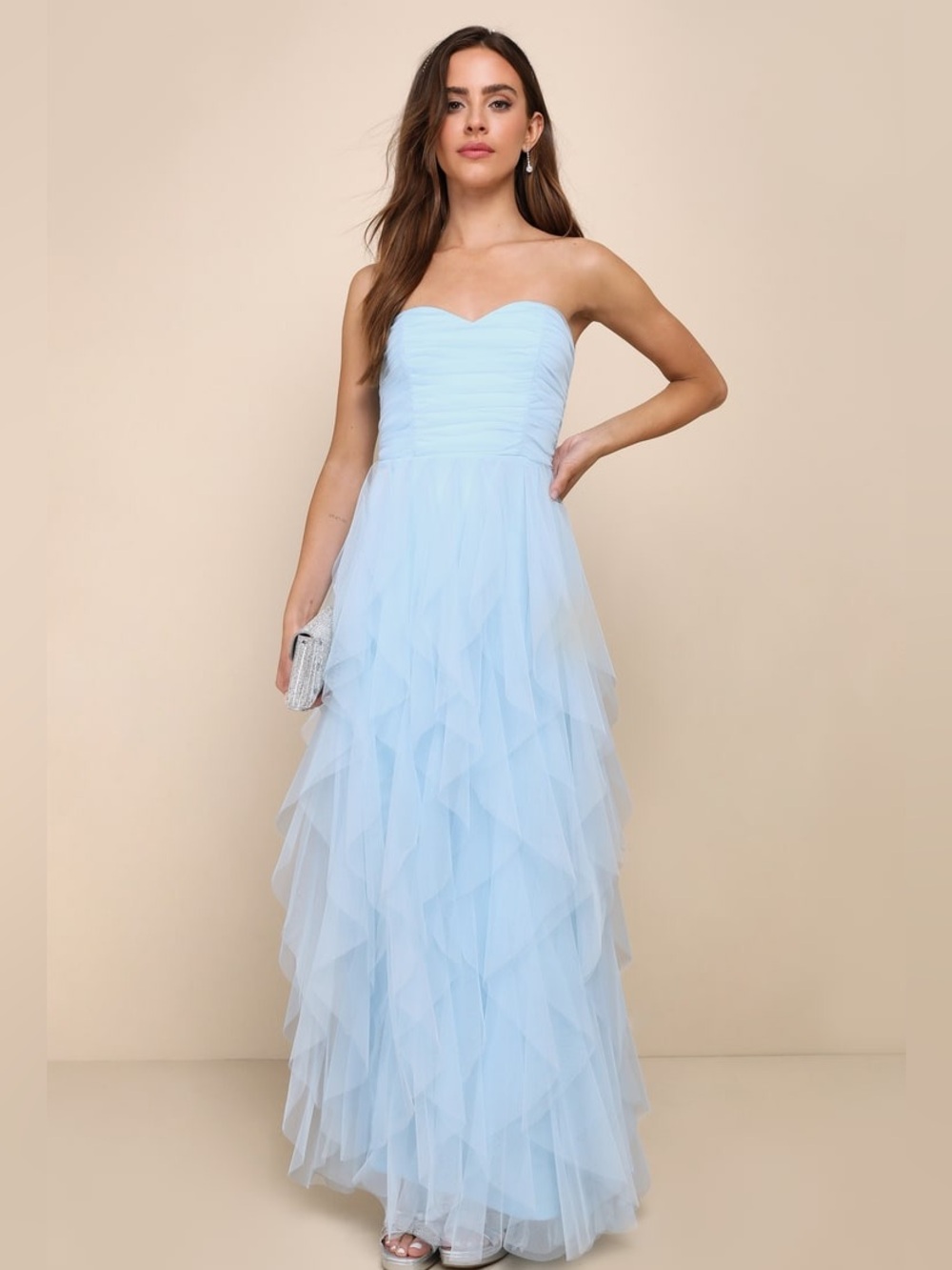 Lulu's Delightfully Beauty Blue Mesh Strapless Ruched Ruffled Maxi Dress.